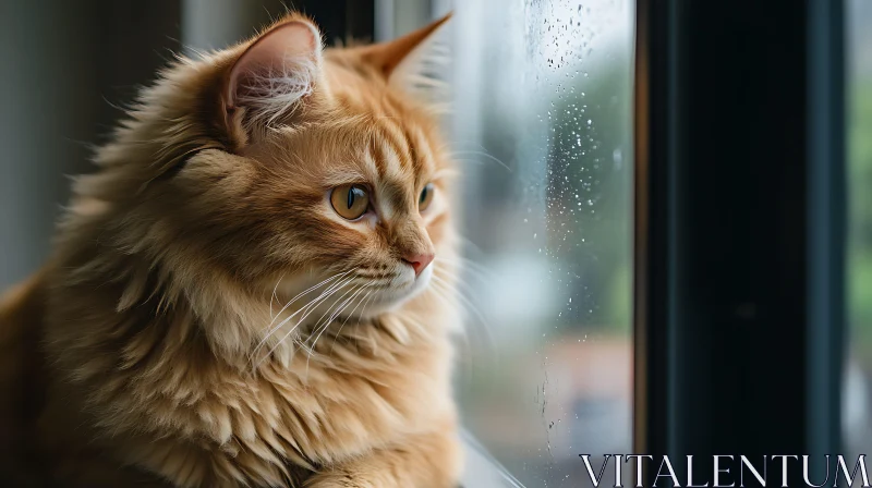 Contemplative Ginger Cat by Rainy Window AI Image