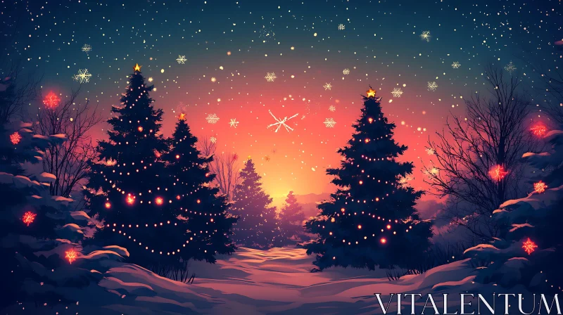 AI ART Magical Snowy Christmas Landscape with Lit Trees and Sunset