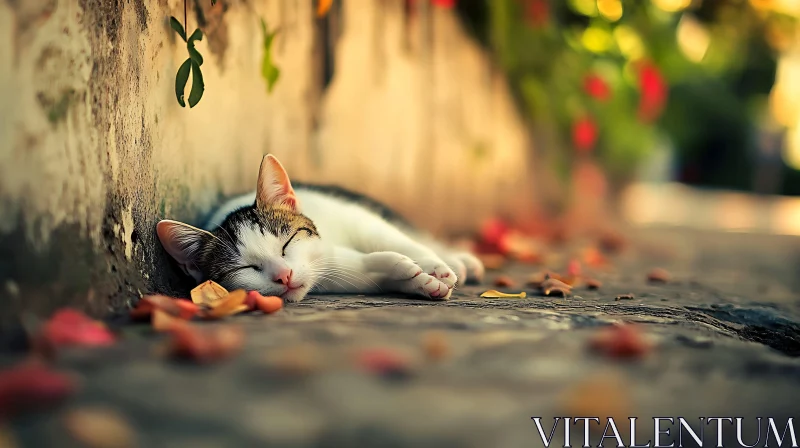 Serene Cat Resting Next to Weathered Wall AI Image