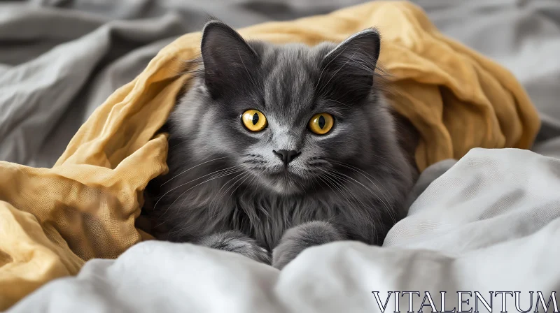 Furry Cat with Gray Fur Peeping Out of Blanket AI Image