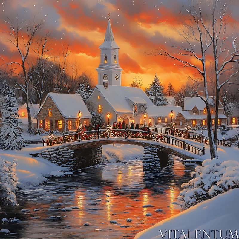 Snow-Covered Village at Sunset with Festive Bridge AI Image