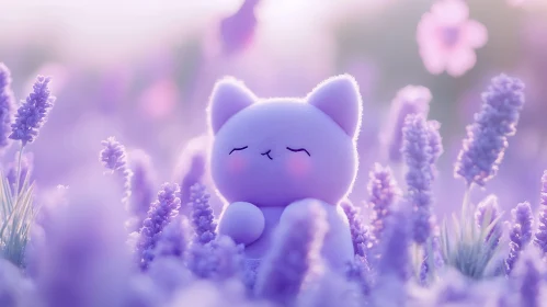 Plush Toy Cat Amidst Blooming Lavender Flowers