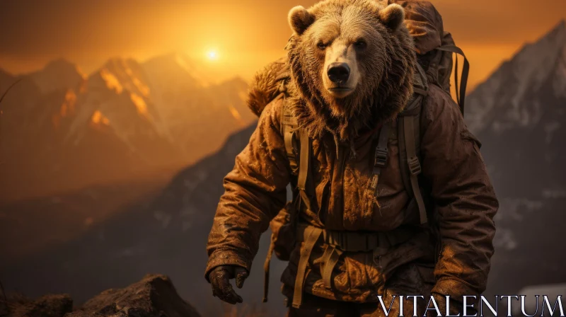 Apocalyptic Bear in Detailed Costume on Mountain Edge AI Image