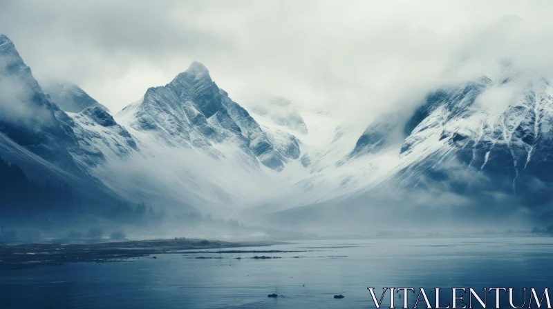 Atmospheric Mountain Landscape in Snow and Mist AI Image