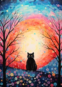 Surreal Black Cat amidst Colorful Flowers and Abstract Sky