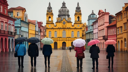 Captivating Street Decor: People Under Umbrella in Baroque Architecture