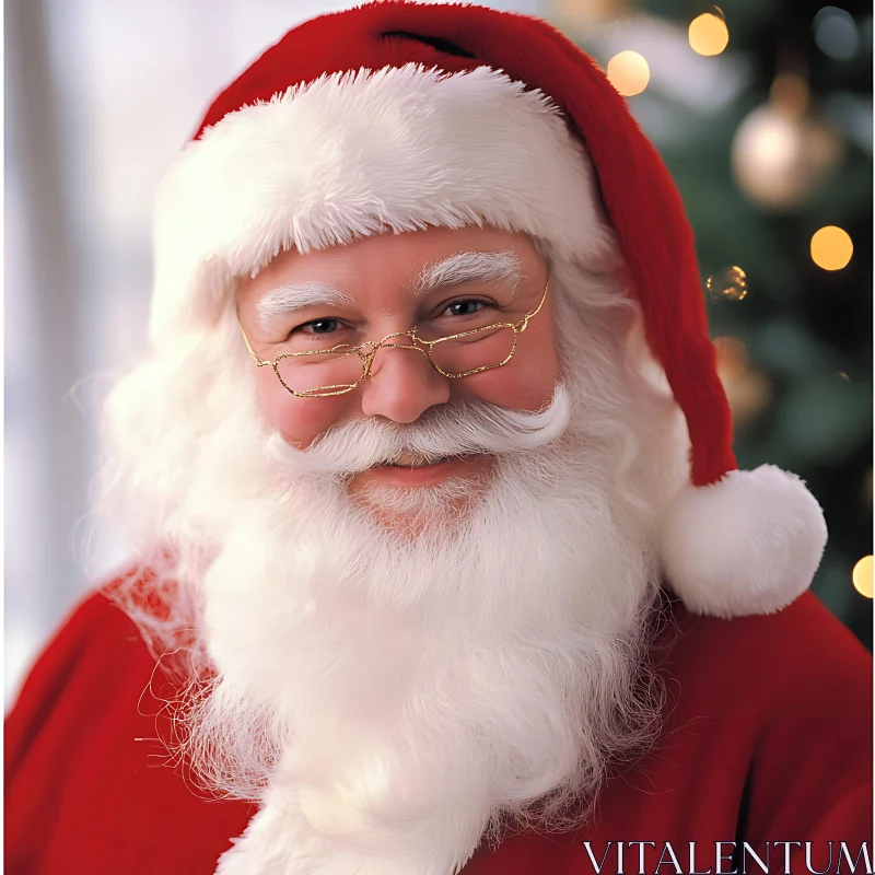 Santa Claus in Classic Red Suit with Christmas Tree Lights AI Image