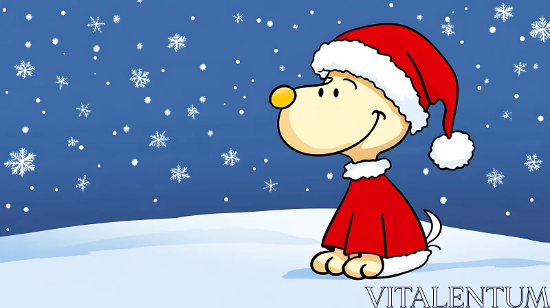 Festive Cartoon Dog with Snowflakes in Santa Outfit AI Image