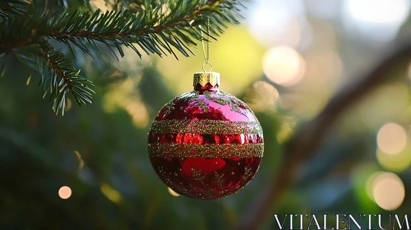 Festive Red Bauble on Pine Tree AI Image