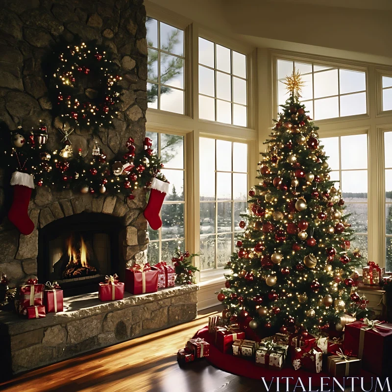 Festive Living Room Decor for Christmas AI Image