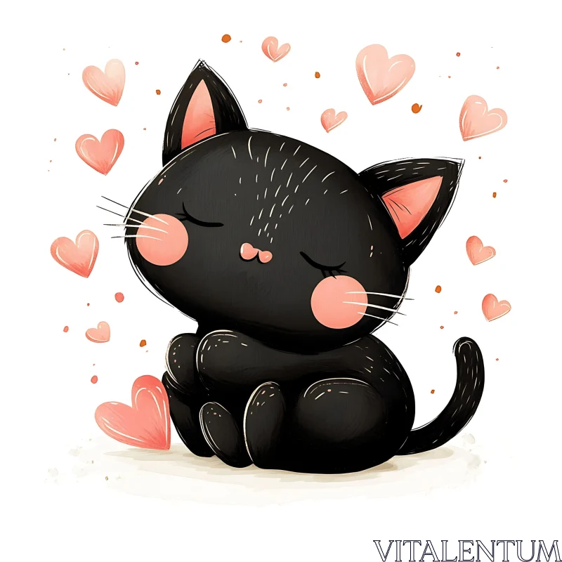 Cute Black Cat Surrounded by Hearts Illustration AI Image