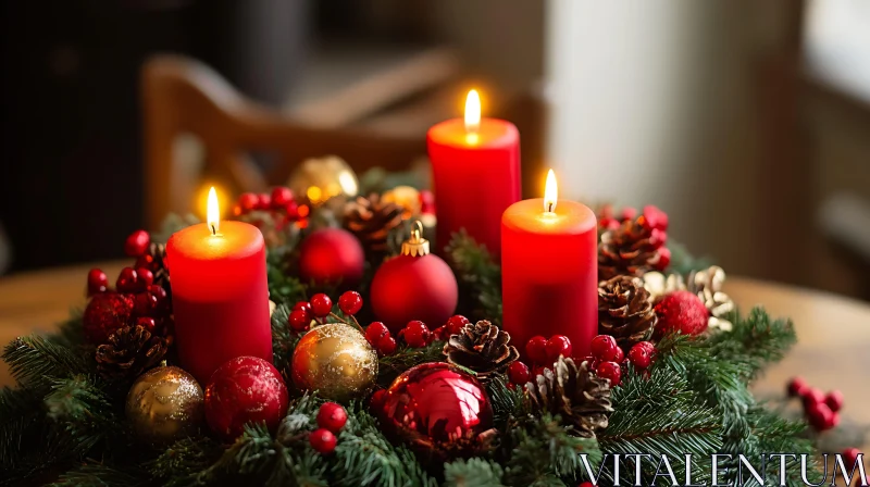 Holiday Candle Wreath with Ornaments AI Image