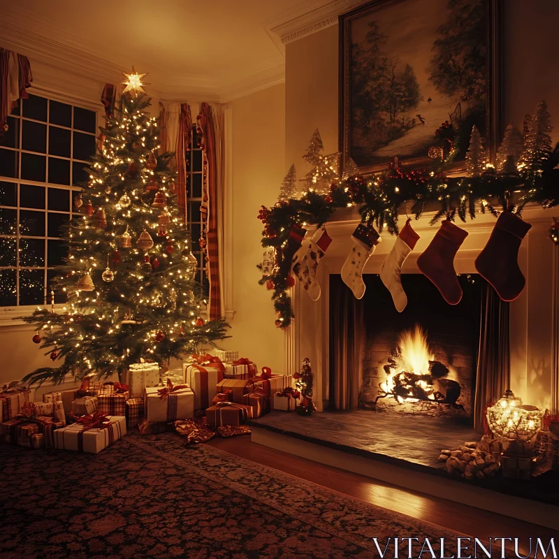 Festive Room with Christmas Tree and Stockings by Fireplace AI Image