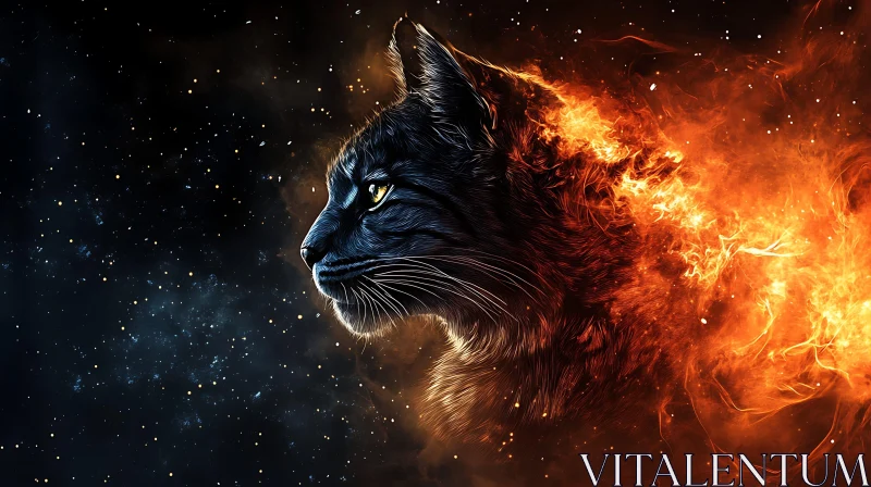 Feline Enigma: Fire and Cosmic Fusion AI Image