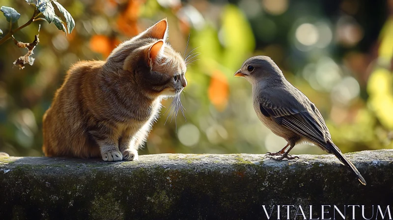 Cat and Bird Watching Each Other AI Image