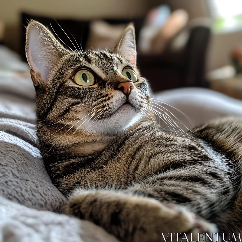 Green-Eyed Domestic Cat Lying on Blanket AI Image