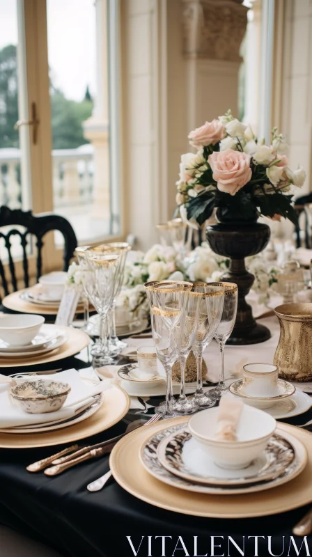 Elegant Black and White Wedding Table Setting in Gilded Age Style AI Image