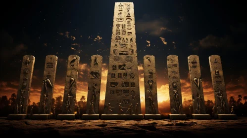 Mysterious Obelisks in Desert Sunset