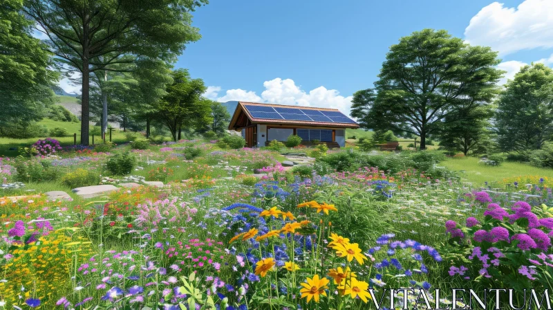 Solar Powered Cabin Surrounded by Wild Flowers and Trees in Anime Style AI Image