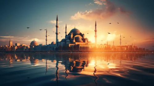 Sunset Mosque Landscape: Tranquil Waterfront Scene