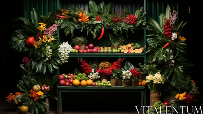 Vibrant Shelf Displaying Fresh Fruits, Flowers, and Herbs | Australian Tonalism AI Image