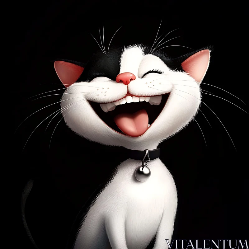 Smiling Black and White Cat Illustration AI Image