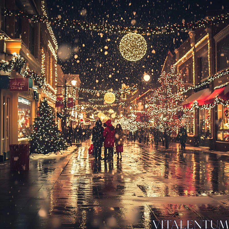 Christmas Lights Adorn Festive Street at Night AI Image