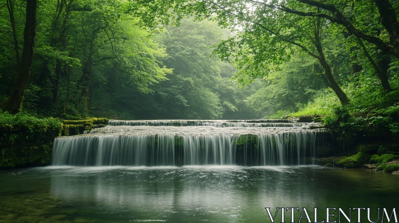 AI ART Tranquil Forest Waterfall and Calm Pool