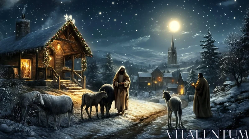 AI ART Tranquil Winter Night with Snowy Village and Sheep