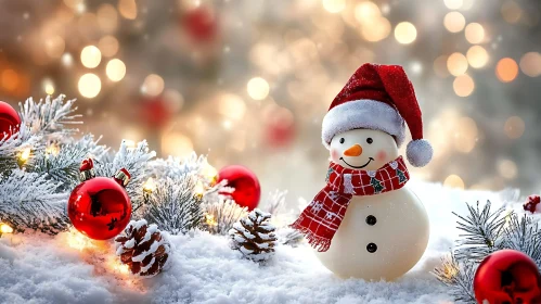 Festive Snowman with Red Hat and Ornaments