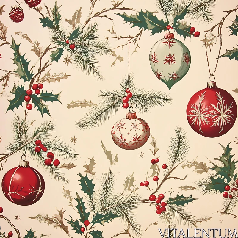 Traditional Holiday Ornaments with Holly and Pine AI Image