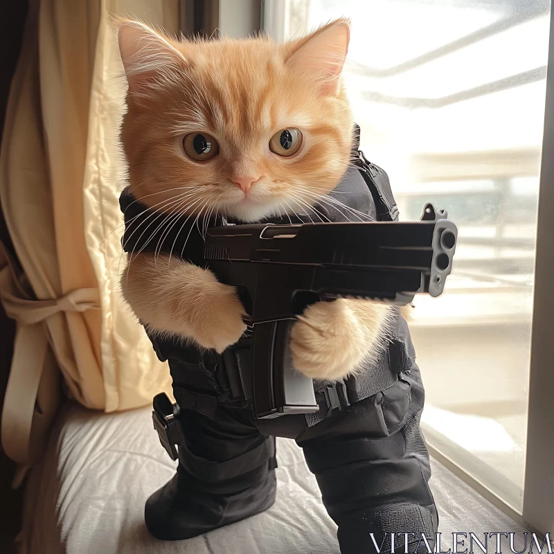 Cute Cat Dressed as Soldier with Toy Gun AI Image