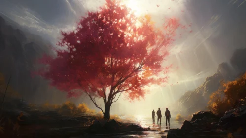 Captivating Concept Art: Two Individuals Amidst a Majestic Red Tree in a Forest