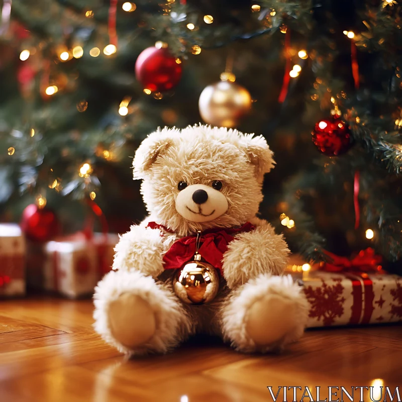 Teddy Bear and Christmas Tree Ornaments AI Image