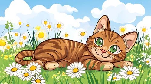 Playful Tabby Cat Relaxing Among Daisies