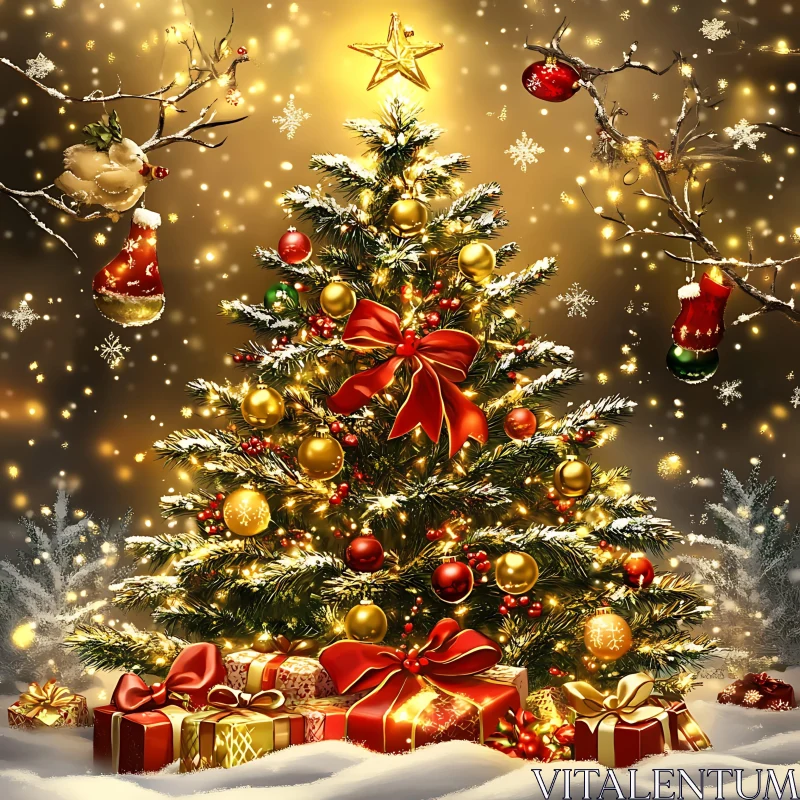 Festive Christmas Tree with Decorations and Gifts AI Image