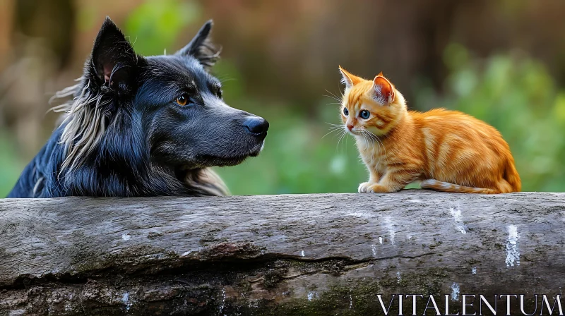 Dog and Kitten Bonding on a Log AI Image