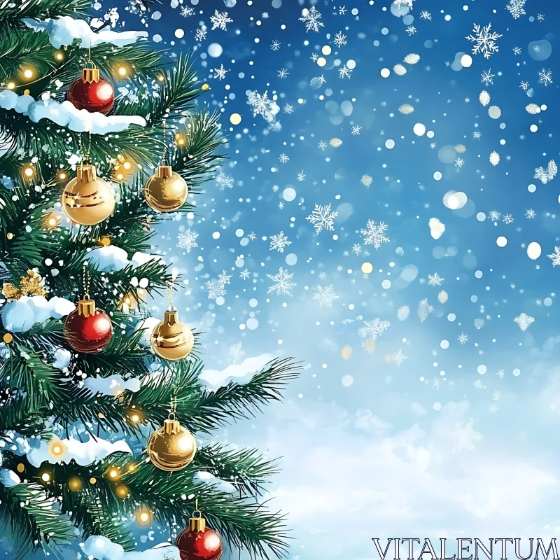 Magical Winter Scene with Decorated Christmas Tree AI Image