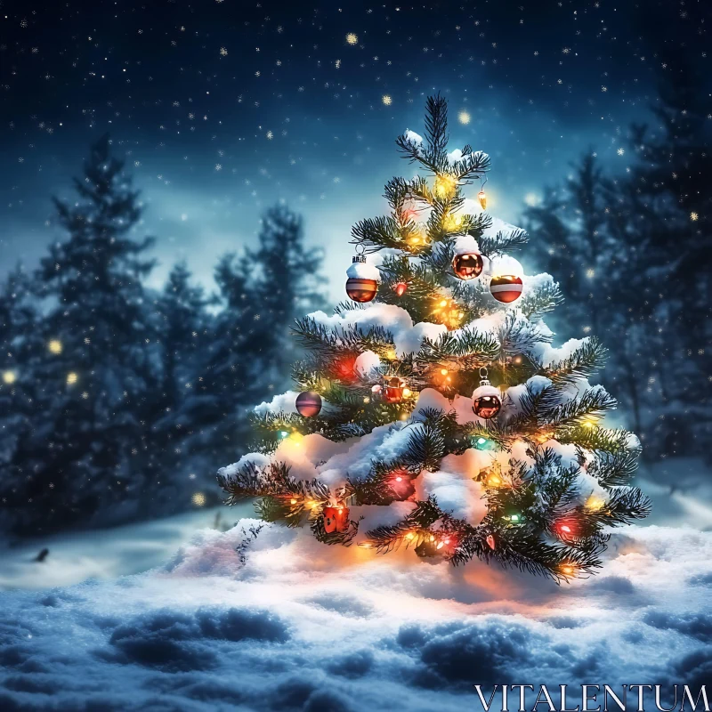 Snow-Covered Festive Christmas Tree with Lights AI Image