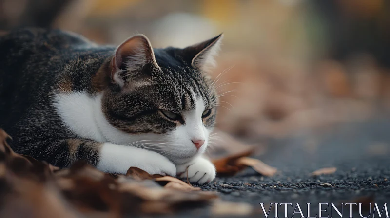 Peaceful Cat in Autumn Ambiance AI Image