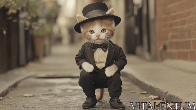 Sophisticated Kitten in Alley with Tuxedo and Hat AI Image