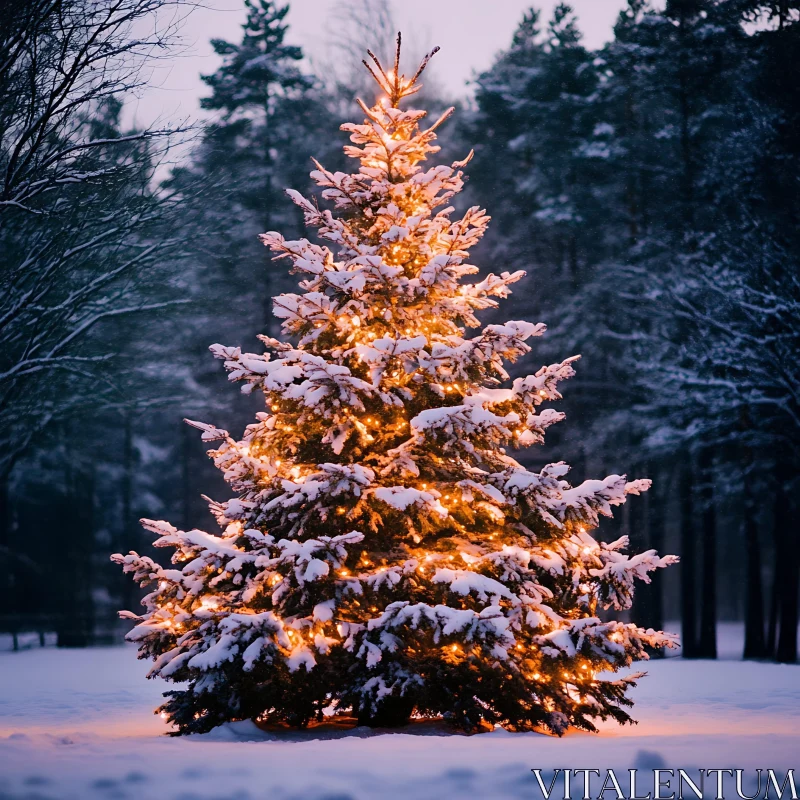 Beautifully Lit Christmas Tree in Winter Wonderland AI Image