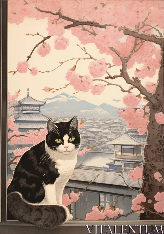 AI ART Cat with Cherry Blossoms and Japanese Architecture