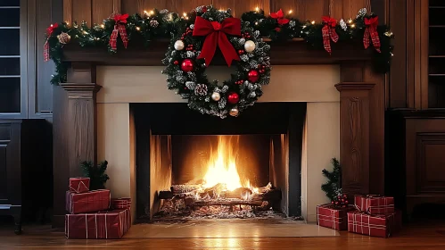 Festive Fireplace with Christmas Decorations