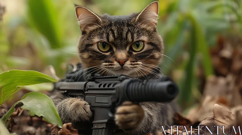 Feline in Combat Gear in a Forest AI Image