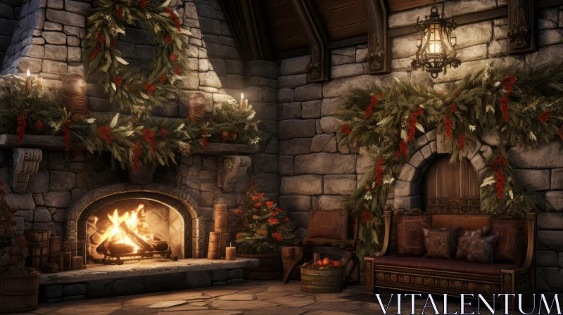 Christmas Fireplace in a Wooden Castle | Festive Atmosphere AI Image