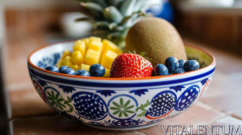 Close-Up Ceramic Bowl with Fresh Fruits | Floral Pattern AI Image