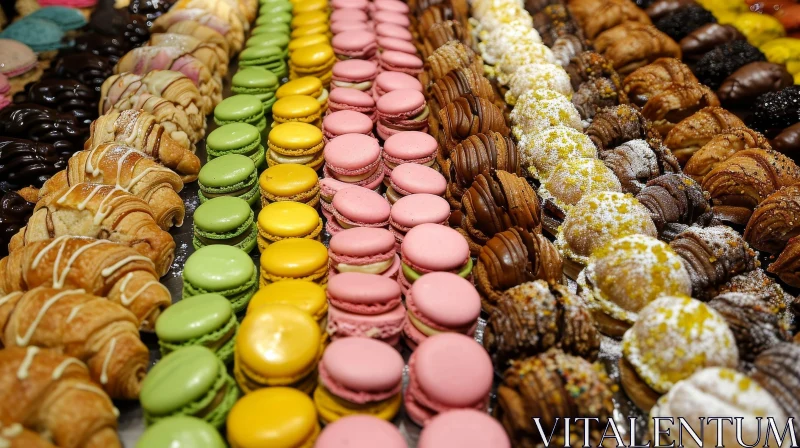 Delicious and Colorful Pastries and Macarons at a Bakery AI Image