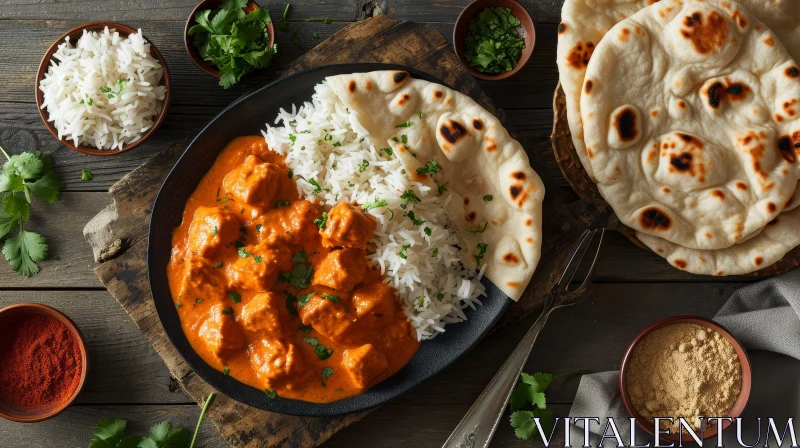 AI ART Delicious Indian Butter Chicken with Basmati Rice and Naan Bread