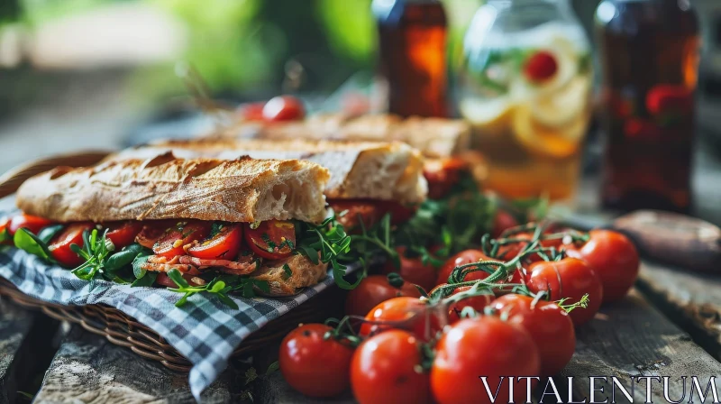 Delicious Picnic Setting with Baguette Sandwich and Cherry Tomatoes AI Image